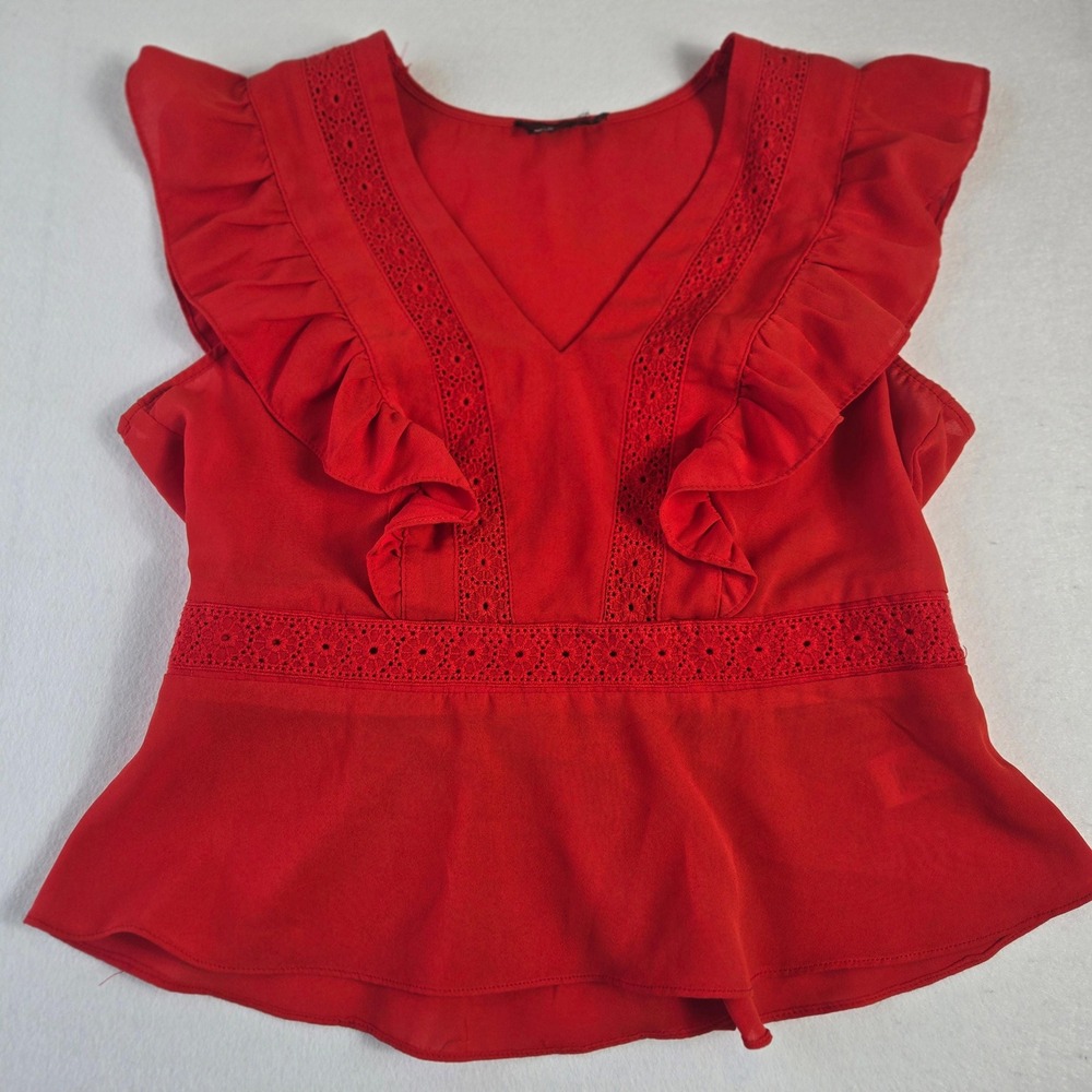 Peplum Blouse Womens Large Red Ruffle Eyelet Lace Smocked Tie (T9)